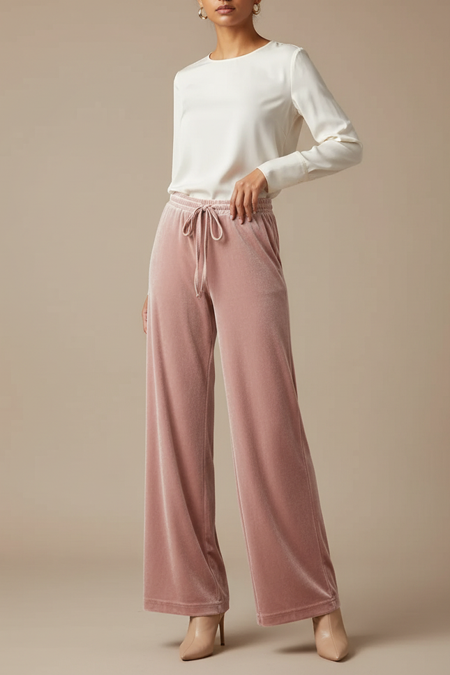 Pantalon Velours Rose Ample Droit Élégant Femme