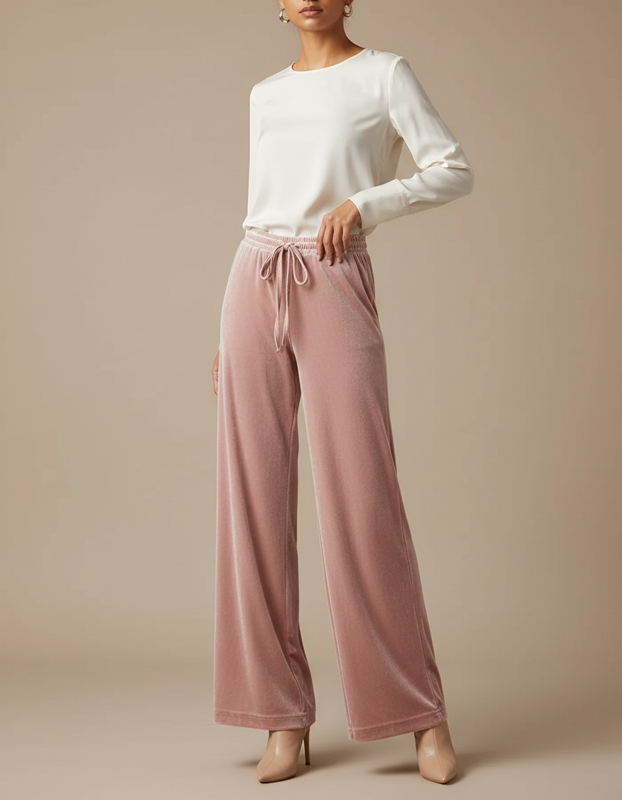 Pantalon Velours Rose Ample Droit Élégant Femme