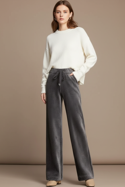 Pantalon Velours Gris Côtelé Ample Taille Haute Femme - Cordé