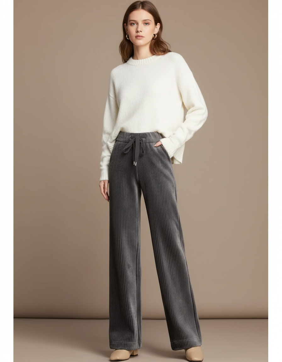 Pantalon Velours Gris Côtelé Ample Taille Haute Femme - Cordé