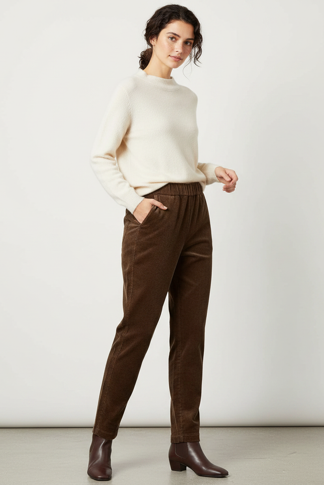 Pantalon Velours Coton Femme - Marron Cordé