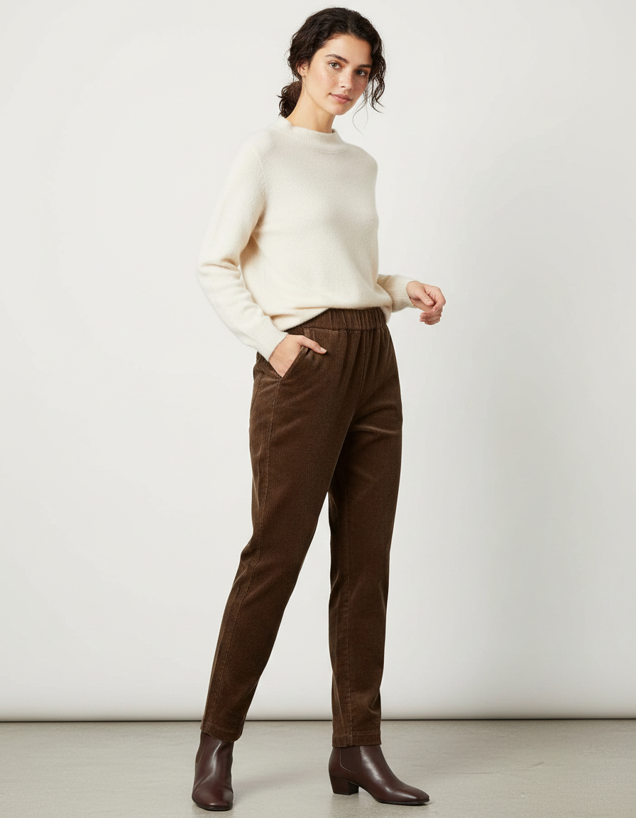 Pantalon Velours Coton Femme - Marron Cordé