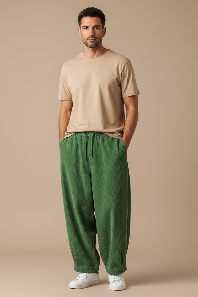 Pantalon Velours Vert Côtelé Ample Décontracté Homme - Cordé