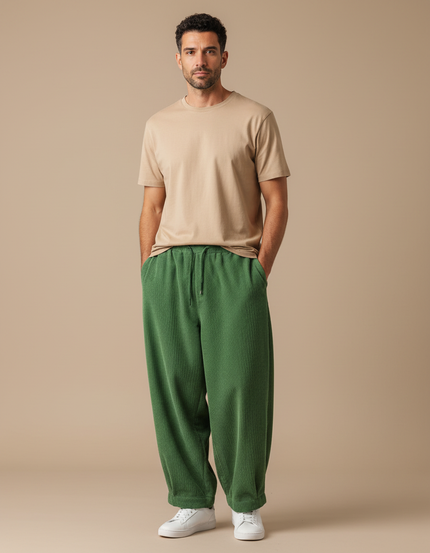 Pantalon Velours Vert Côtelé Ample Décontracté Homme - Cordé