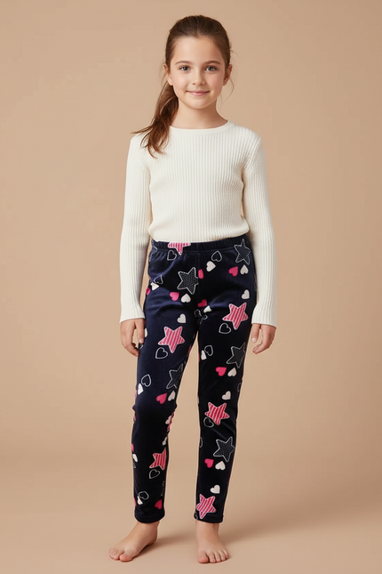 Pantalon Velours Bleu Marine Imprimé Étoiles Cœurs Fille
