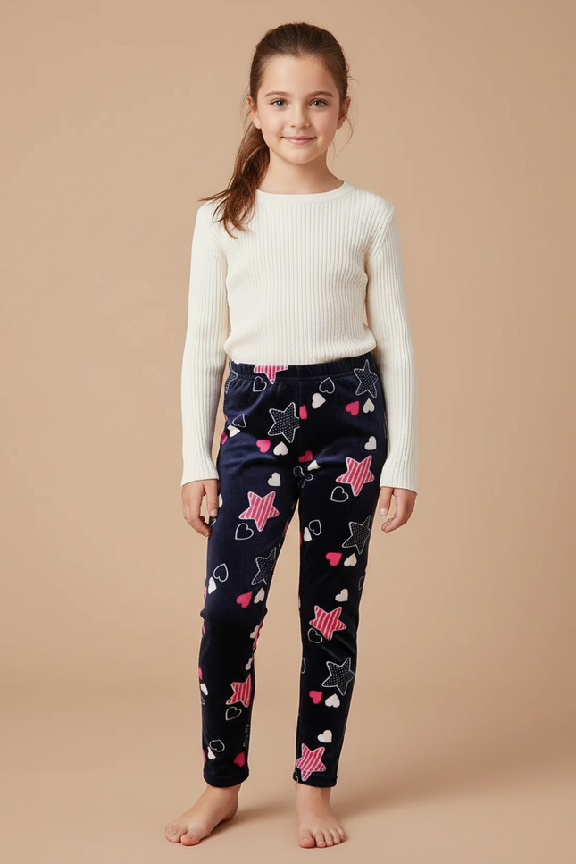 Pantalon Velours Bleu Marine Imprimé Étoiles Cœurs Fille