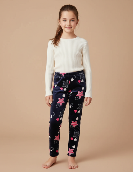 Pantalon Velours Bleu Marine Imprimé Étoiles Cœurs Fille