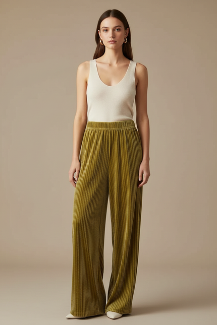 Pantalon Velours Côtelé Vert Ample Fluide Femme - Cordé