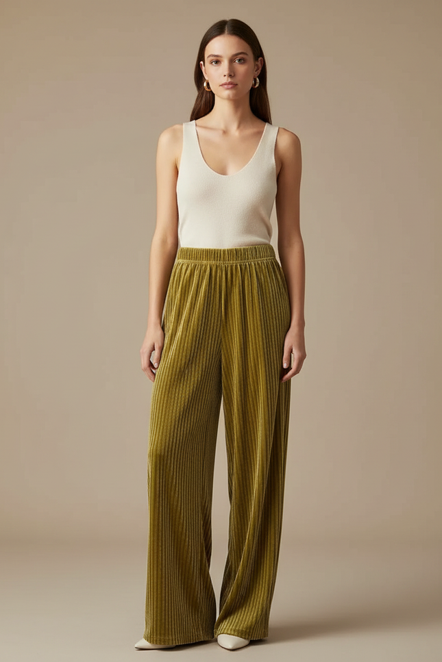 Pantalon Velours Côtelé Vert Ample Fluide Femme - Cordé