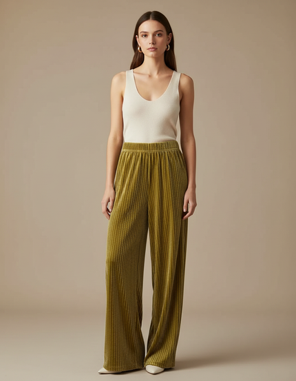 Pantalon Velours Côtelé Vert Ample Fluide Femme - Cordé
