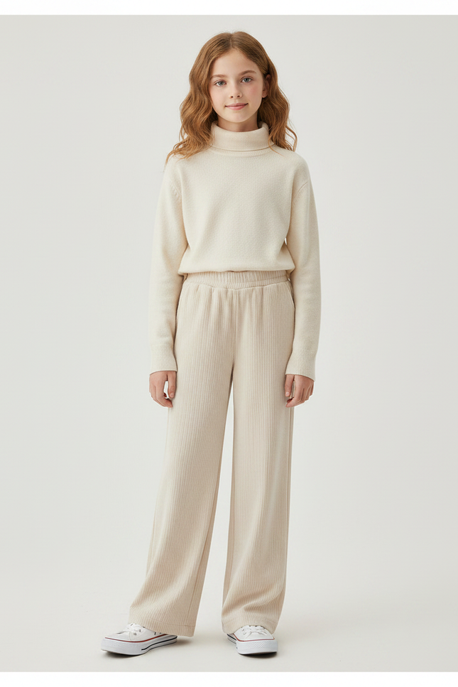Pantalon Velours Beige Côtelé Ample Fille Confortable - Cordé