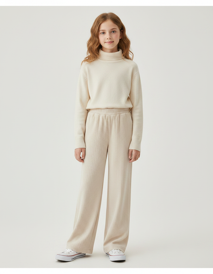 Pantalon Velours Beige Côtelé Ample Fille Confortable - Cordé
