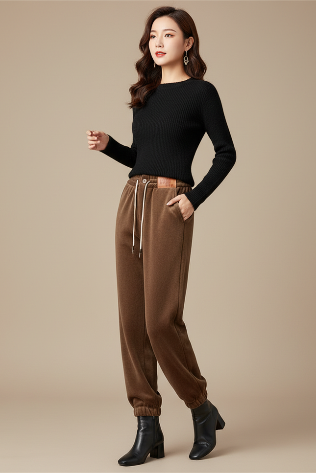 Pantalon Velours Marron Chaud Ample Hiver Femme
