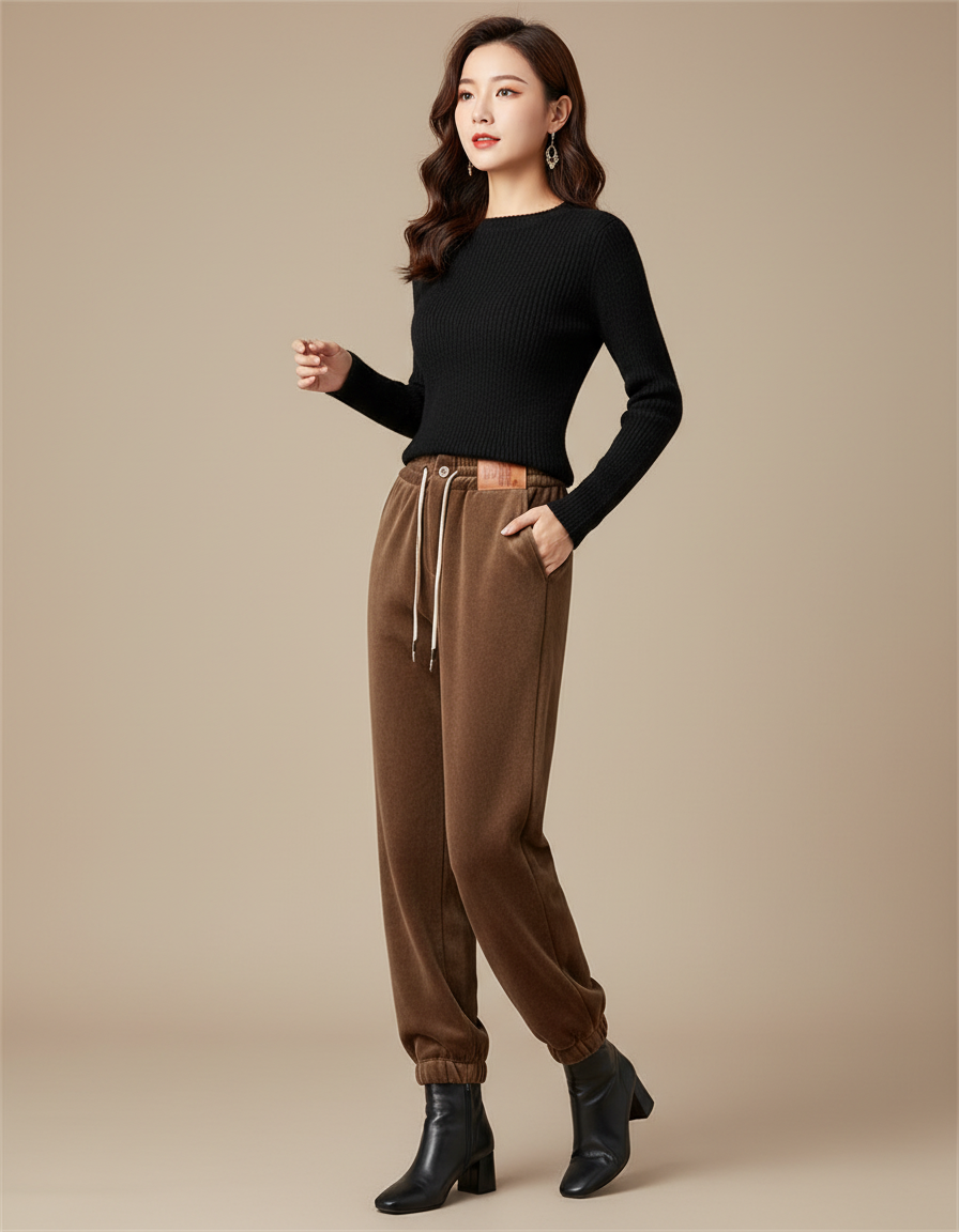 Pantalon Velours Marron Chaud Ample Hiver Femme