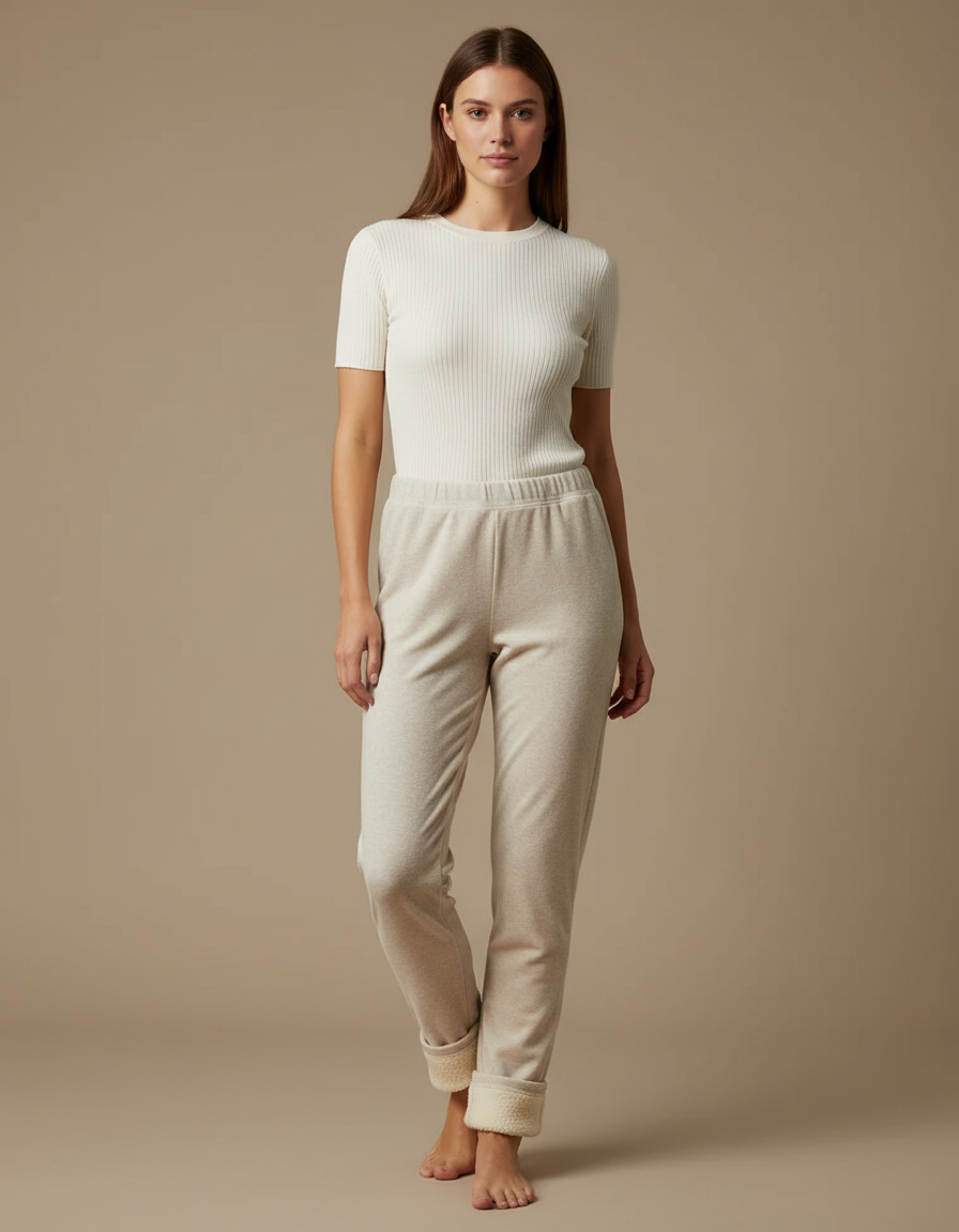 Pantalon Velours Beige Ample Doux Molletonné Femme