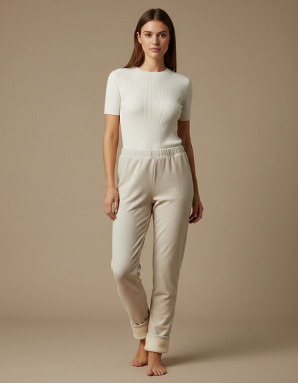 Pantalon Velours Beige Ample Doux Molletonné Femme
