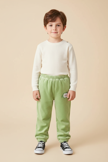 Pantalon Velours Vert Brodé Enfant Doux Confortable
