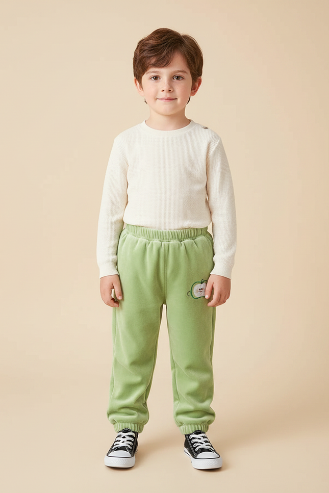 Pantalon Velours Vert Brodé Enfant Doux Confortable