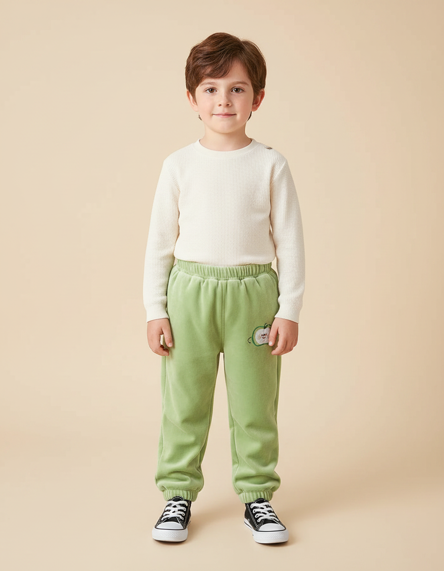 Pantalon Velours Vert Brodé Enfant Doux Confortable