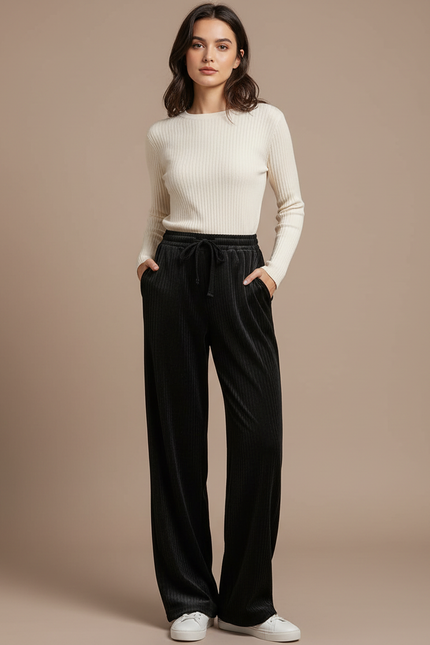 Pantalon Velours Noir Ample Fluide Élastique - Cordé