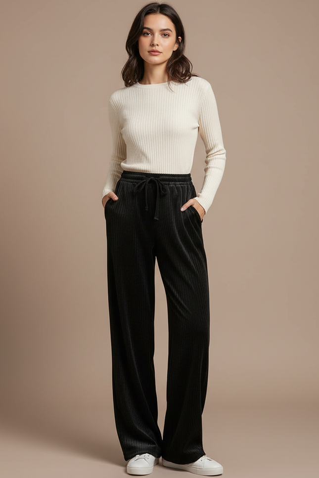 Pantalon Velours Noir Ample Fluide Élastique - Cordé