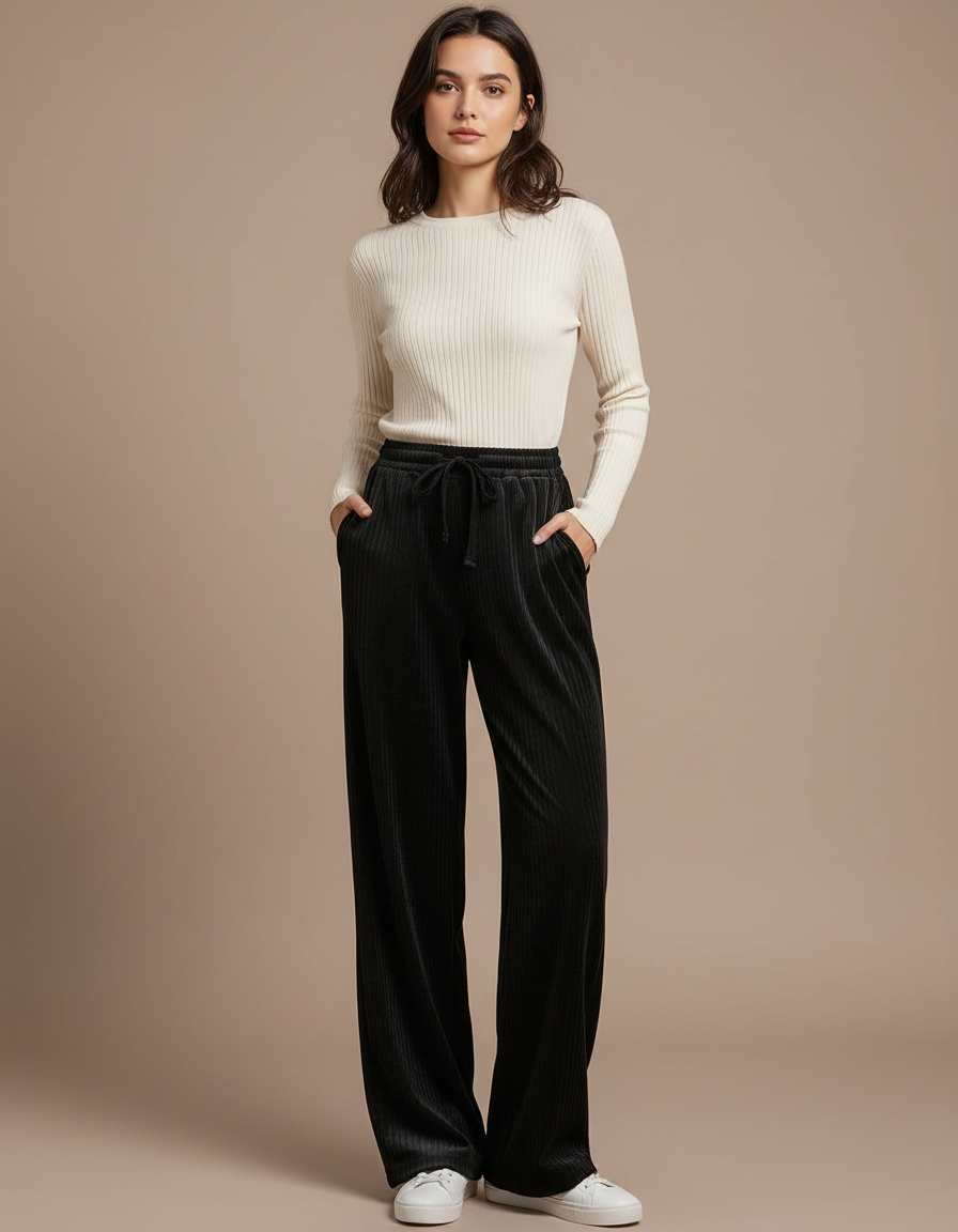 Pantalon Velours Noir Ample Fluide Élastique - Cordé