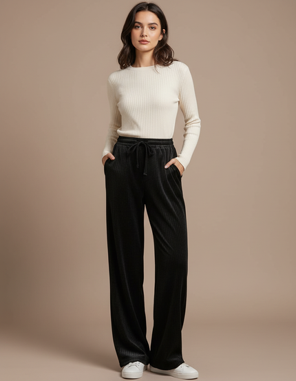 Pantalon Velours Noir Ample Fluide Élastique - Cordé