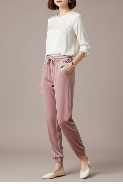 Pantalon Velours Rose Ample Élastiqué Décontracté Femme