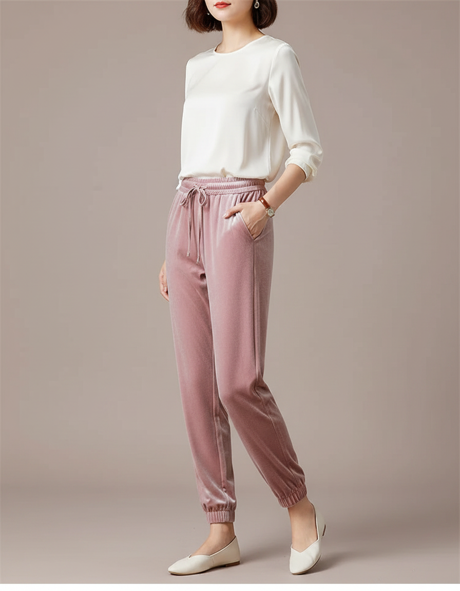 Pantalon Velours Rose Ample Élastiqué Décontracté Femme