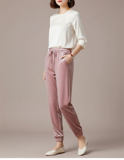 Pantalon Velours Rose Ample Élastiqué Décontracté Femme