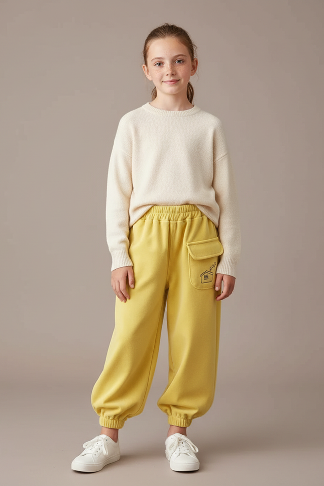Pantalon Velours Jaune Ample Brodé Décontracté Enfant