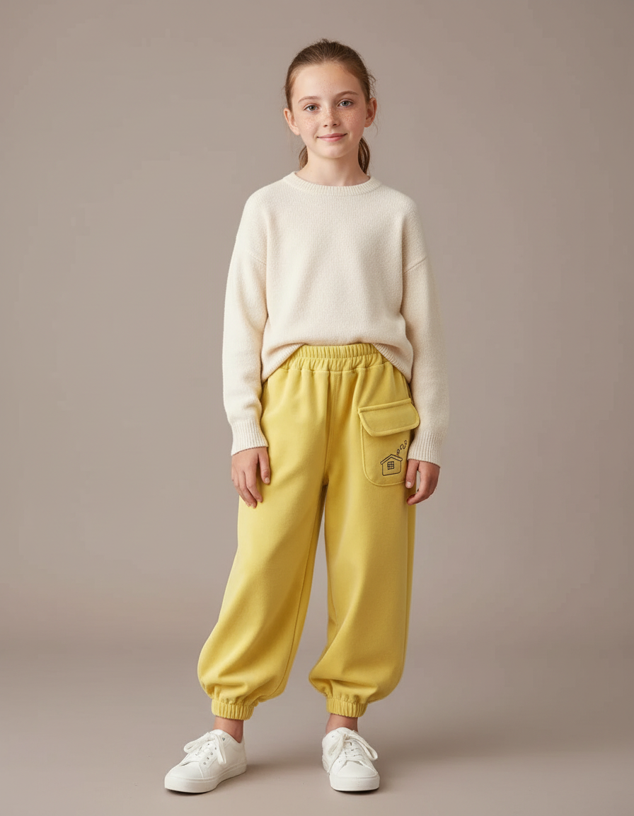Pantalon Velours Jaune Ample Brodé Décontracté Enfant