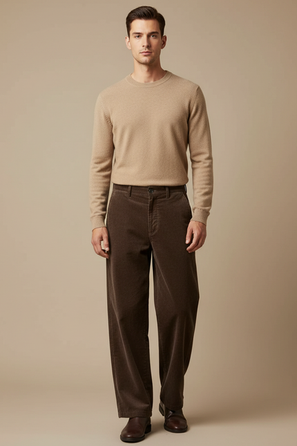 Pantalon Velours Marron Côtelé Ample Décontracté Homme