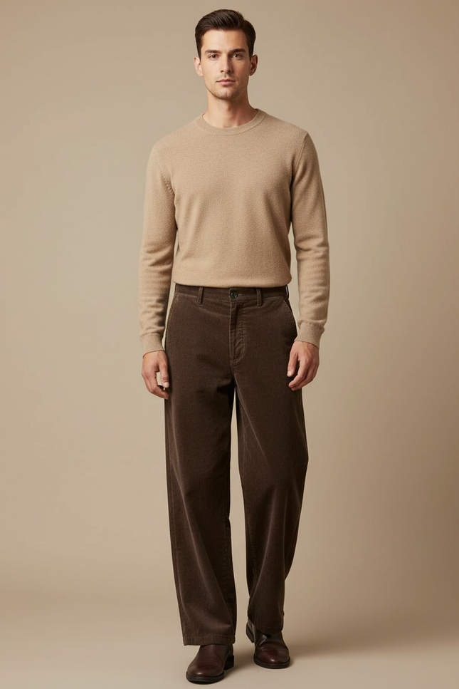 Pantalon Velours Marron Côtelé Ample Décontracté Homme