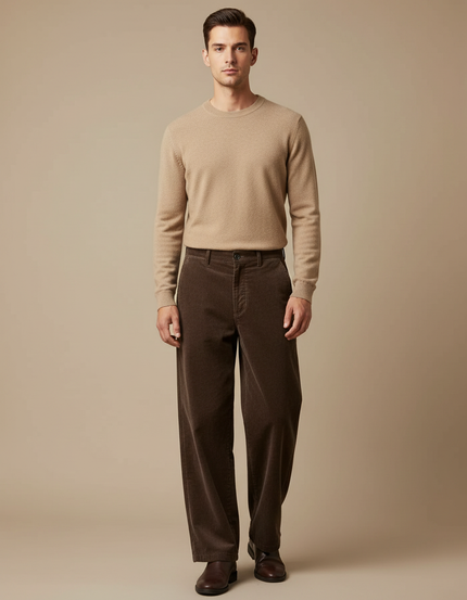 Pantalon Velours Marron Côtelé Ample Décontracté Homme