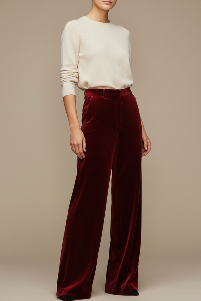 Pantalon Velours Bordeaux Large Élégant Femme Fluide