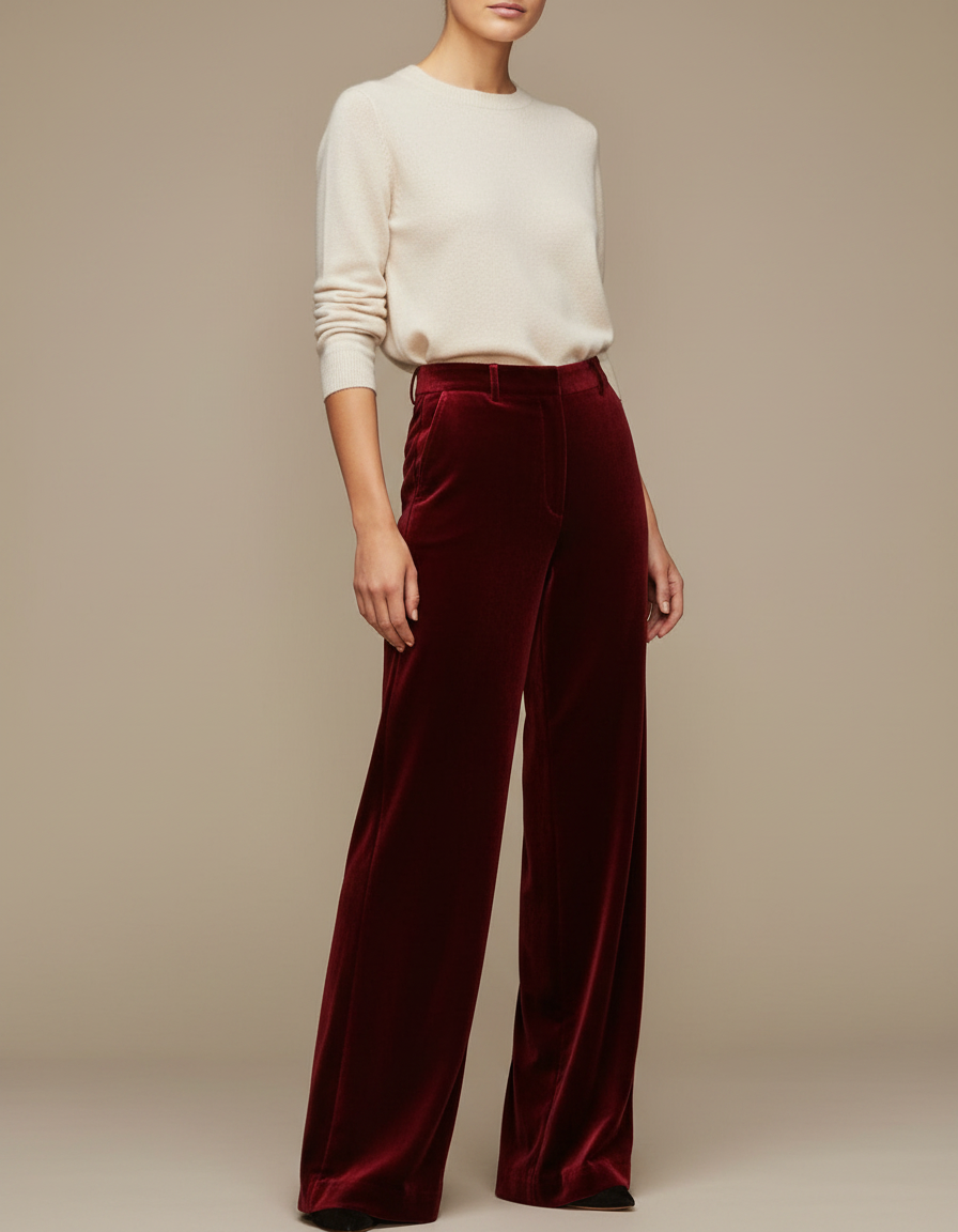 Pantalon Velours Bordeaux Large Élégant Femme Fluide