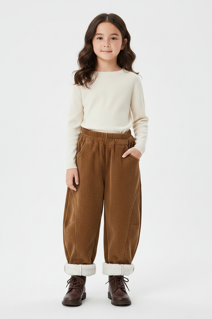 Pantalon Velours Côtelé Marron Ample Doublé Enfants - Cordé