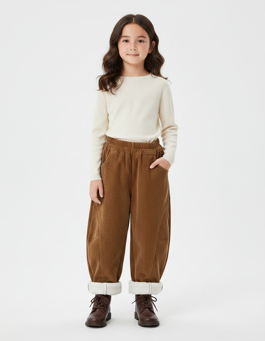 Pantalon Velours Côtelé Marron Ample Doublé Enfants - Cordé