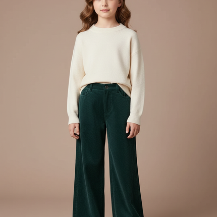 Pantalon Velours Vert Côtelé Large Droit Enfant - Cordé
