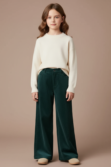 Pantalon Velours Vert Côtelé Large Droit Enfant - Cordé