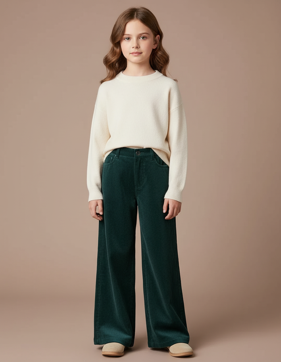 Pantalon Velours Vert Côtelé Large Droit Enfant - Cordé
