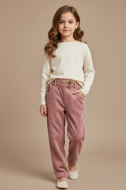 Pantalon Velours Côtelé Rose Ample Enfant Doublé - Cordé