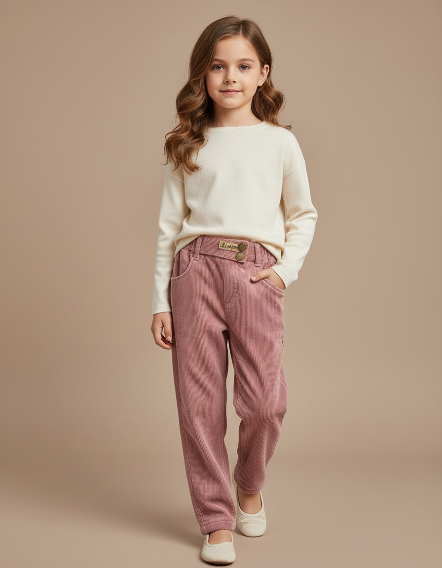 Pantalon Velours Côtelé Rose Ample Enfant Doublé - Cordé