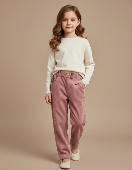 Pantalon Velours Côtelé Rose Ample Enfant Doublé - Cordé