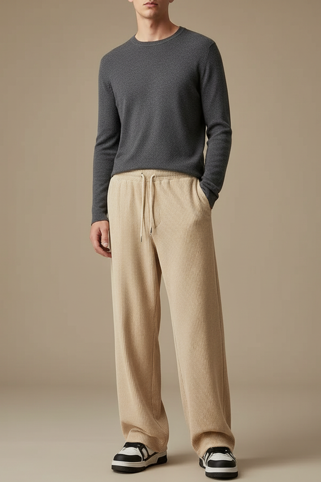 Pantalon Velours Homme Taille Élastiquée - Beige Cordé