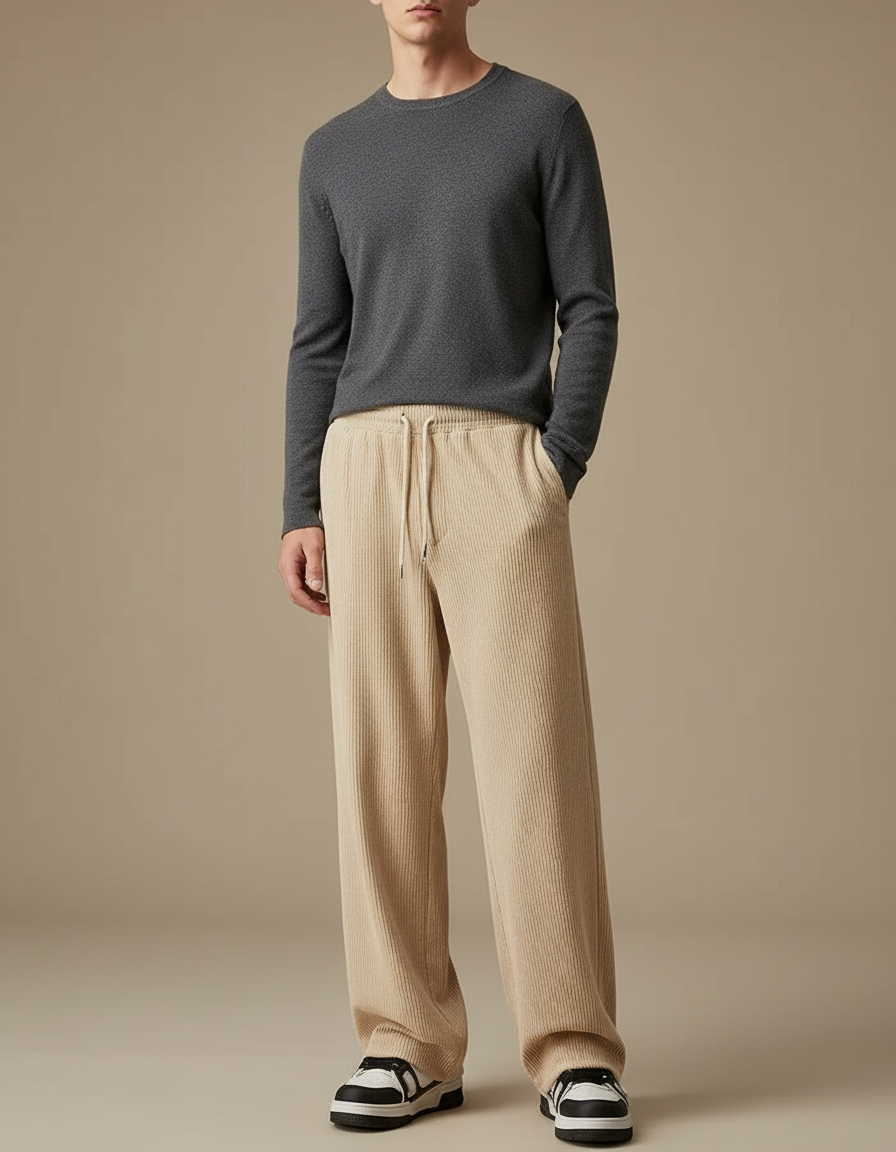 Pantalon Velours Homme Taille Élastiquée - Beige Cordé