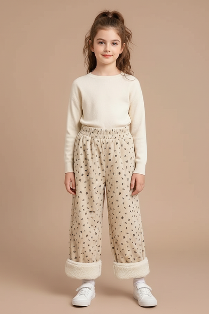 Pantalon Velours Beige Côtelé Ample Imprimé Floral Doublé