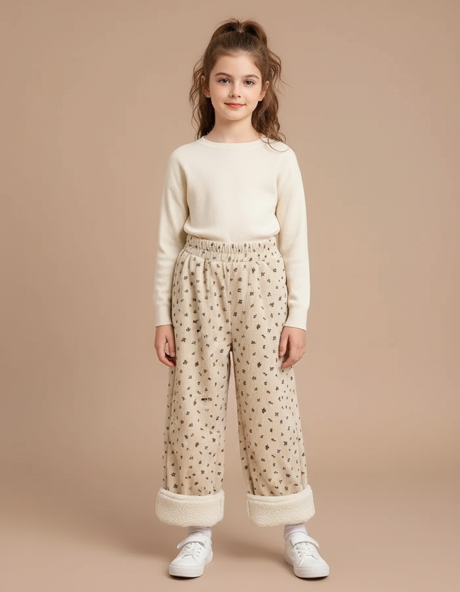 Pantalon Velours Beige Côtelé Ample Imprimé Floral Doublé
