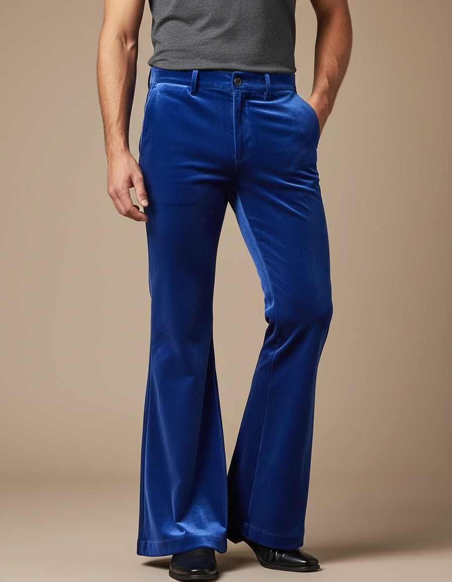 Pantalon Velours Bleu Évasé Homme Décontracté Élégant